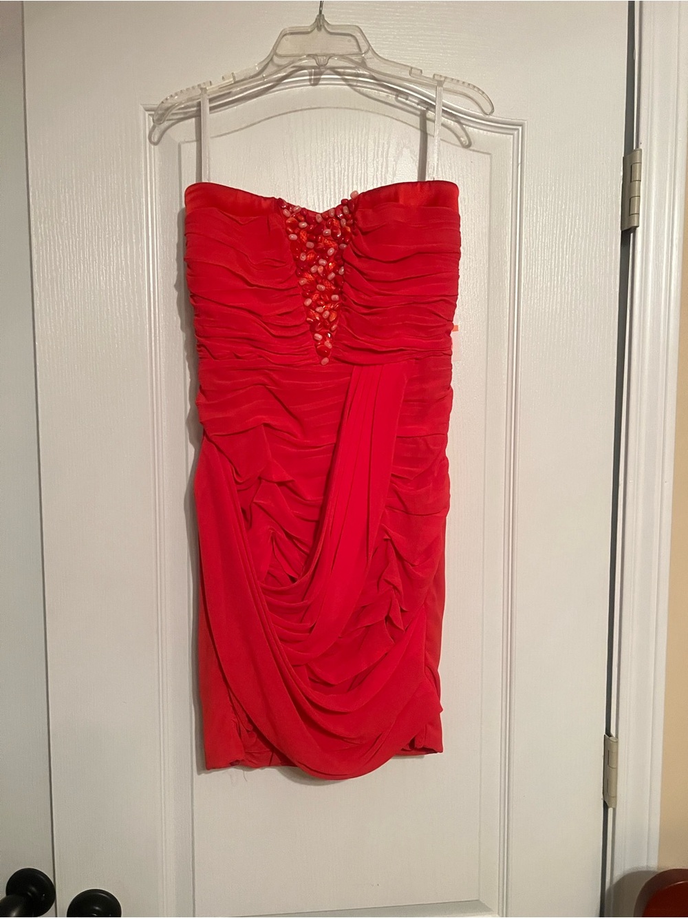 Formal Cocktail Red Strapless Ruched Mini Dress with Beaded Sweetheart Detail